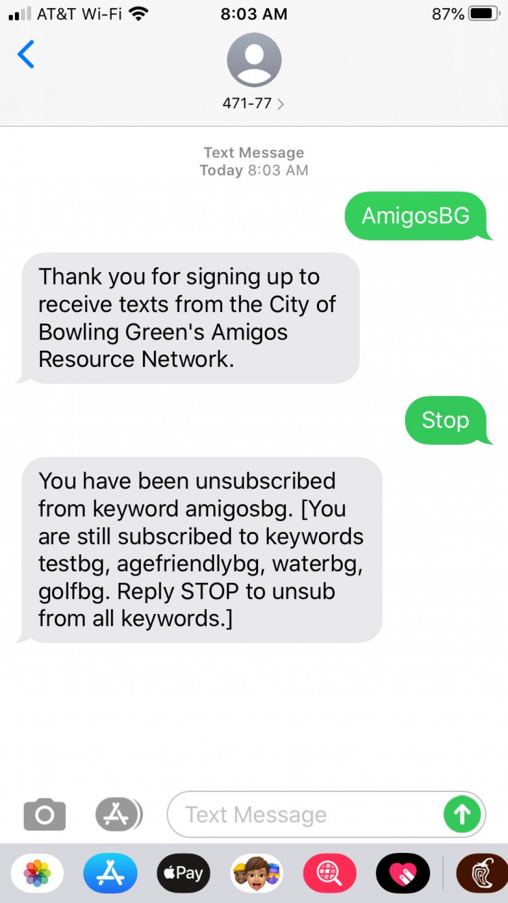 Screenshot of text message and automated reply