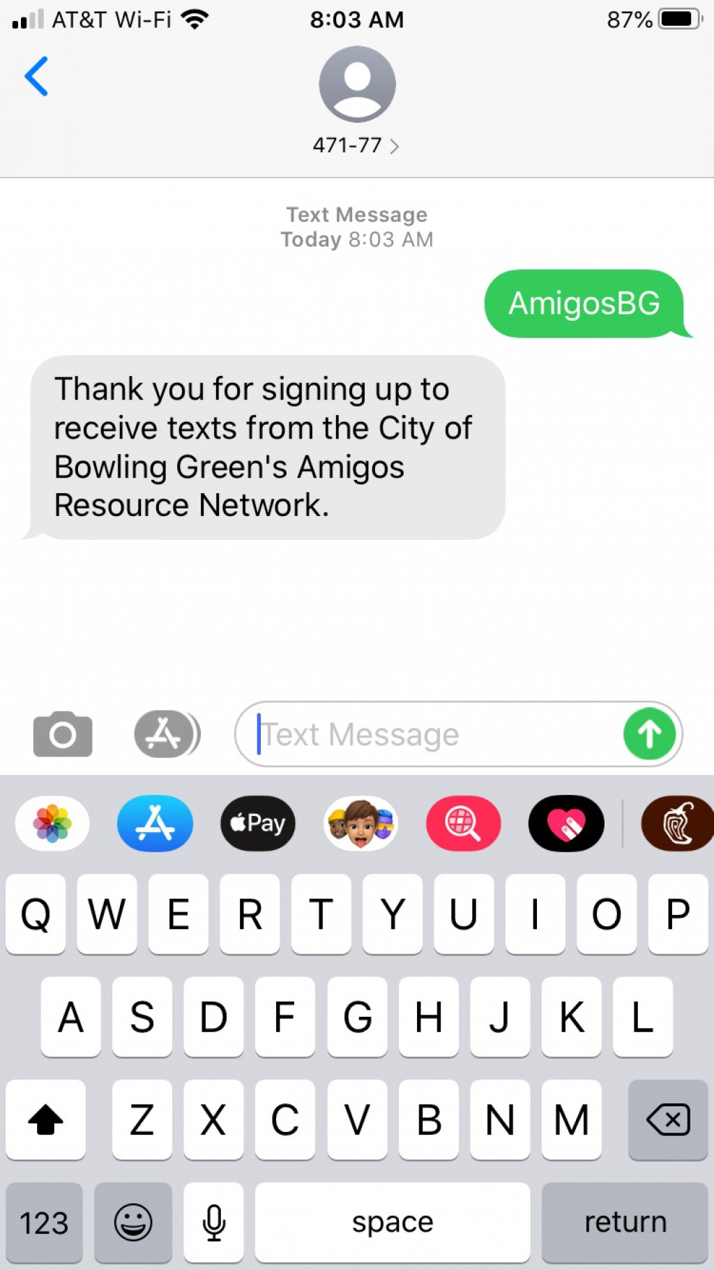 Screenshot of text message and automated reply