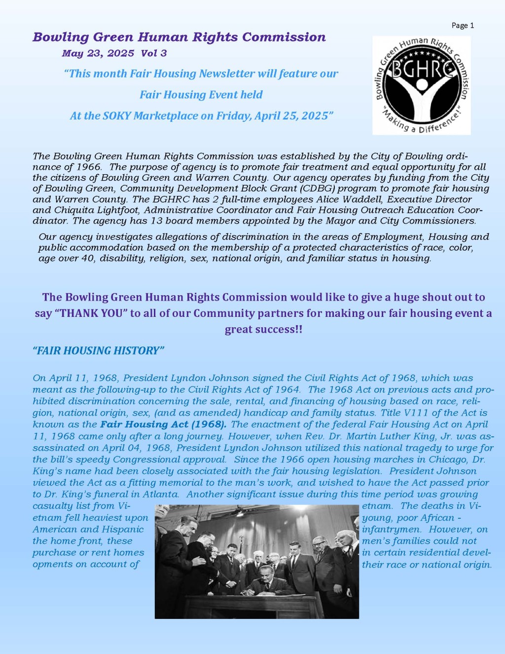 Bowling Green Human Rights - Fair Housing Month Flyer 2025