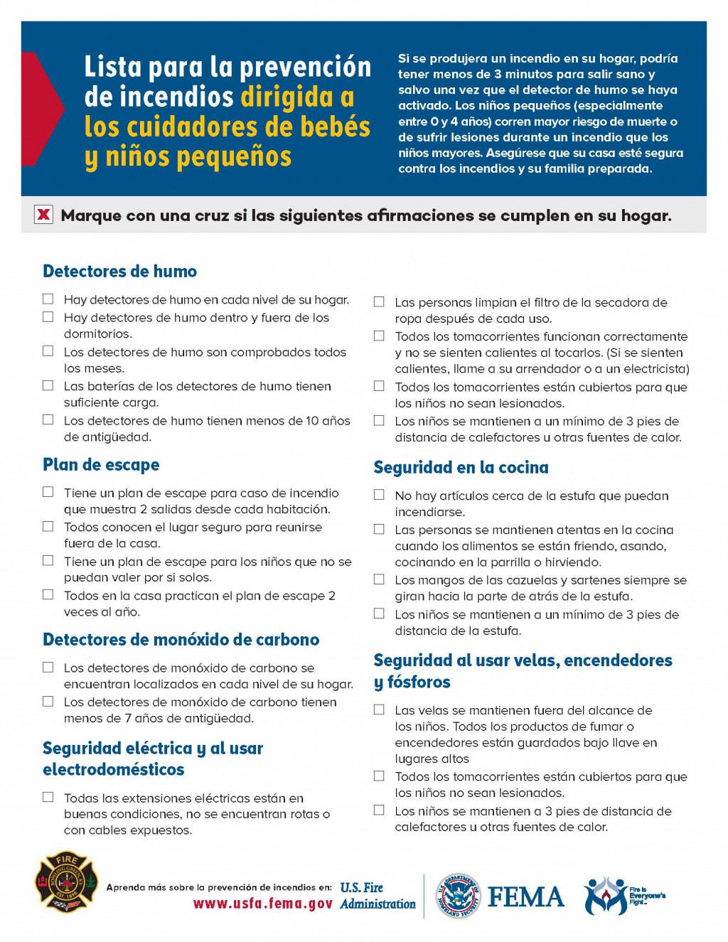 Fire Safety Checklist for caregivers of babies and toddlers Spanish