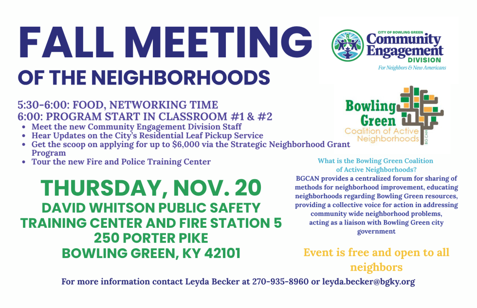 Join us for the Fall meeting of the Bowling Green Coalition of Active Neighborhoods