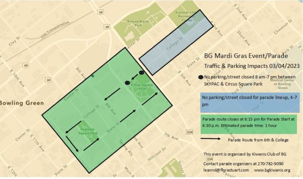Traffic and Parking Impact in Downtown for BG Mardi Gras Madness & Parade