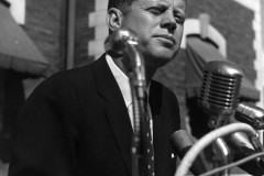 John F. Kennedy speaking on the steps of Bowling Green City Hall on October 8, 1960, while campaigning for President.